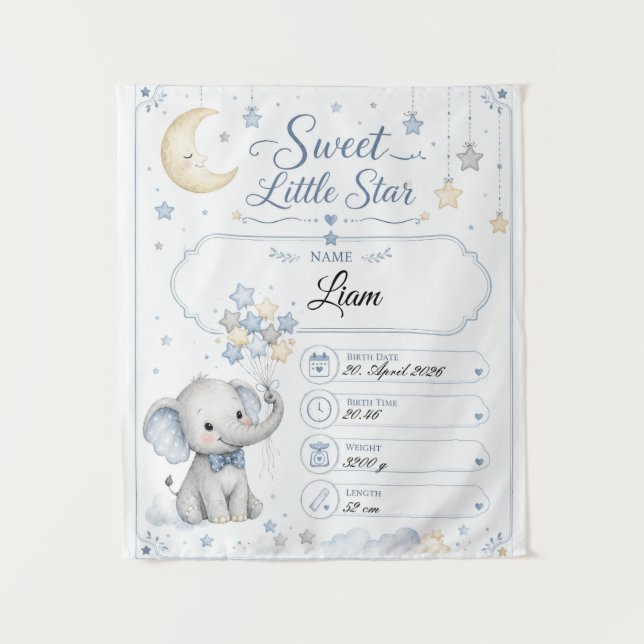 Customizable Baby Birth Board with Elephant Tapestry (Front)