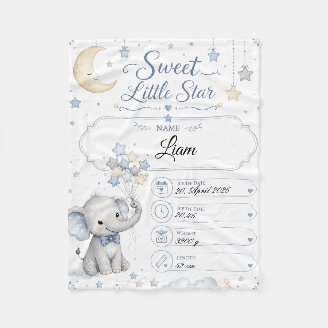 Customizable Baby Birth Chart with Elephant Fleece Blanket (Front)