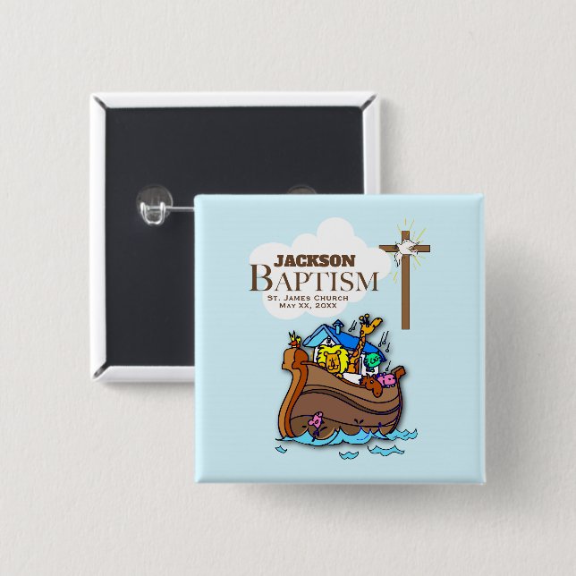 Customizable, Baby Boy Baptism Noah's Ark 2 Inch Square Button (Front & Back)