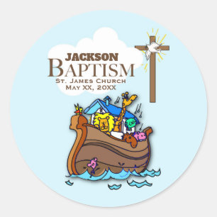 Customizable, Baby Boy Baptism Noah's Ark Classic Round Sticker