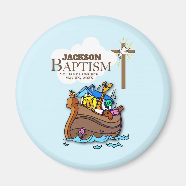 Customizable, Baby Boy Baptism Noah's Ark Magnet (Front)