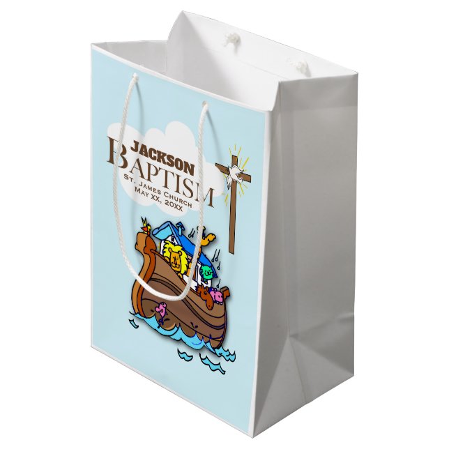 Customizable, Baby Boy Baptism Noah's Ark Medium Gift Bag (Front Angled)