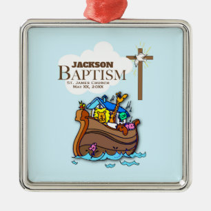 Customizable, Baby Boy Baptism Noah's Ark Metal Ornament