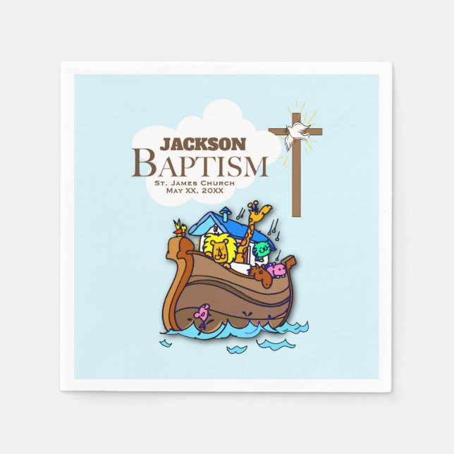 Customizable, Baby Boy Baptism Noah's Ark Napkin (Front)