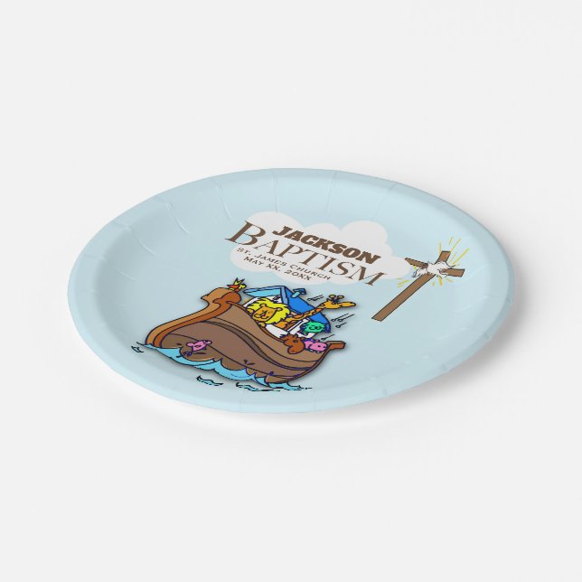 Customizable, Baby Boy Baptism Noah's Ark Paper Plate (Angled)