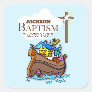 Customizable, Baby Boy Baptism Noah's Ark Square Sticker