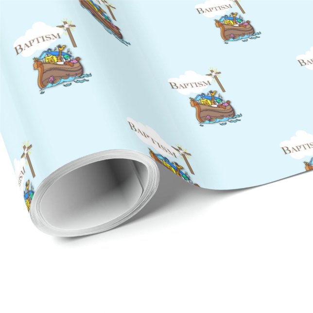 Customizable, Baby Boy Baptism Noah's Ark Wrapping Paper (Roll Corner)