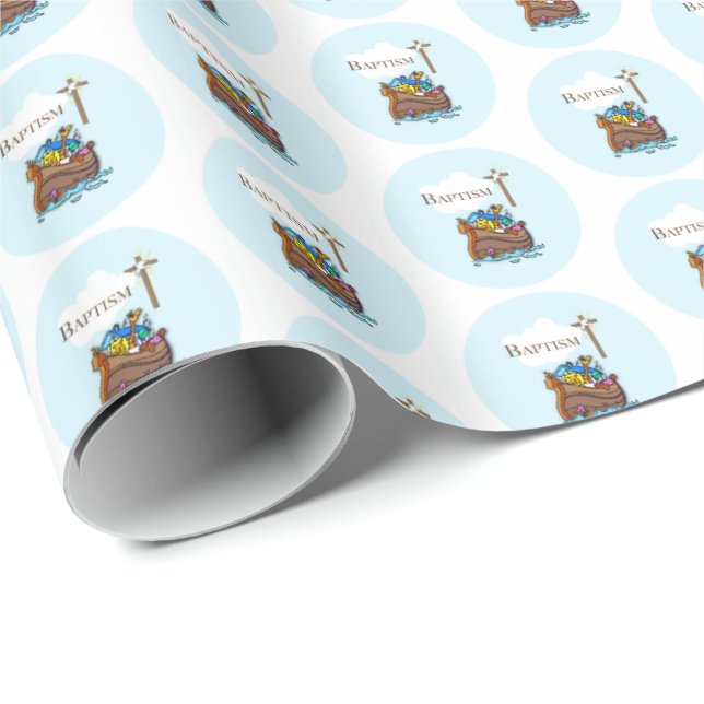 Customizable, Baby Boy Baptism Noah's Ark Wrapping Paper (Roll Corner)