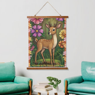 Customizable Baby Fawn Nursery-Welcome to the Worl Hanging Tapestry