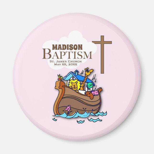 Customizable, Baby Girl Baptism Noah's Ark Magnet (Front)