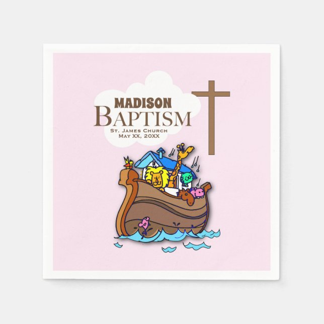 Customizable, Baby Girl Baptism Noah's Ark Napkin (Front)