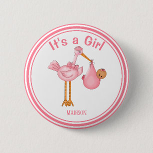 Customizable Baby Shower Stork Baby Girl 2 Inch Round Button