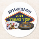 Customizable Bachelor Party Las Vegas Trip Casino Round Paper Coaster<br><div class="desc">Customize your own bachelor party trip coasters for a Las Vegas getaway. A cool personalized coaster featuring gambling casino staples such as a deck of cards,  poker chips,  and roulette wheel with Vegas Trip in yellow script. Fun gambler design for your groomsmen and best man.</div>