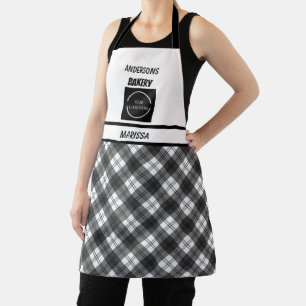 Customizable Bakery logo Black & White Plaid  Apron