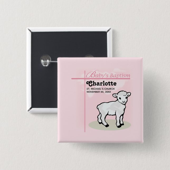 Customizable, Baptism, Pink, Girl, Lamb 2 Inch Square Button (Front & Back)