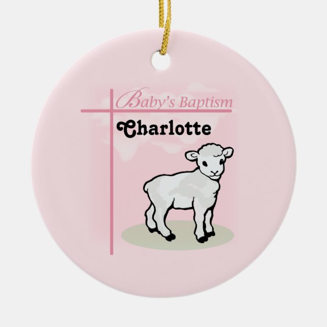 Customizable, Baptism, Pink, Girl, Lamb Ceramic Ornament (Front)