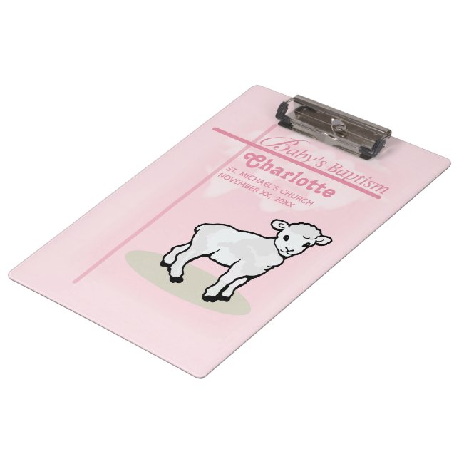 Customizable, Baptism, Pink, Girl, Lamb Clipboard (Angled)