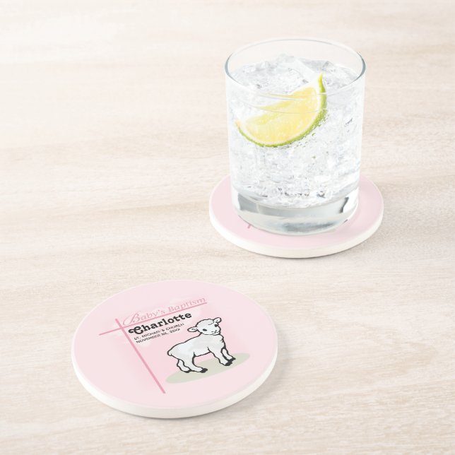 Customizable, Baptism, Pink, Girl, Lamb Coaster (Side)