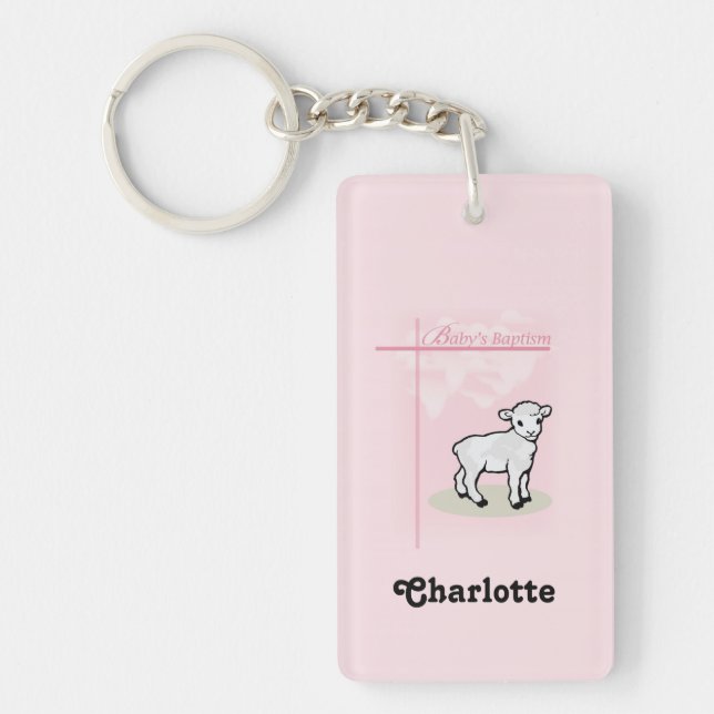 Customizable, Baptism, Pink, Girl, Lamb Keychain (Front)