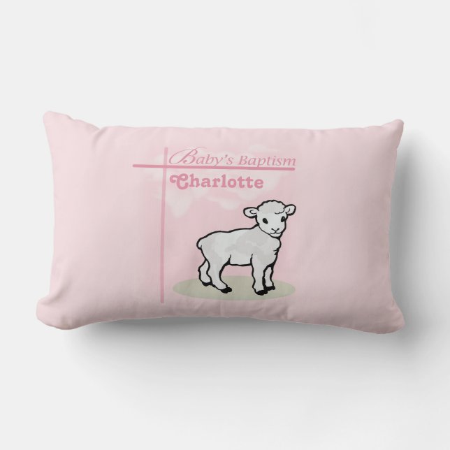 Customizable, Baptism, Pink, Girl, Lamb Lumbar Pillow (Front)