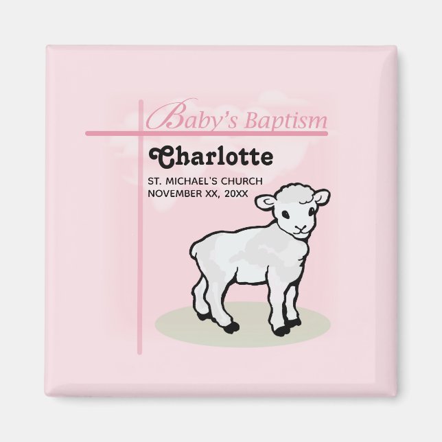 Customizable, Baptism, Pink, Girl, Lamb Magnet (Front)