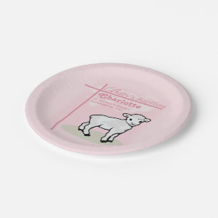 Customizable, Baptism, Pink, Girl, Lamb Paper Plate