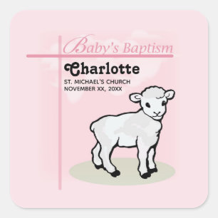 Customizable, Baptism, Pink, Girl, Lamb Square Sticker
