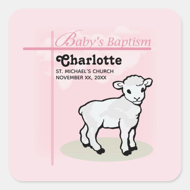 Customizable, Baptism, Pink, Girl, Lamb Square Sticker (Front)