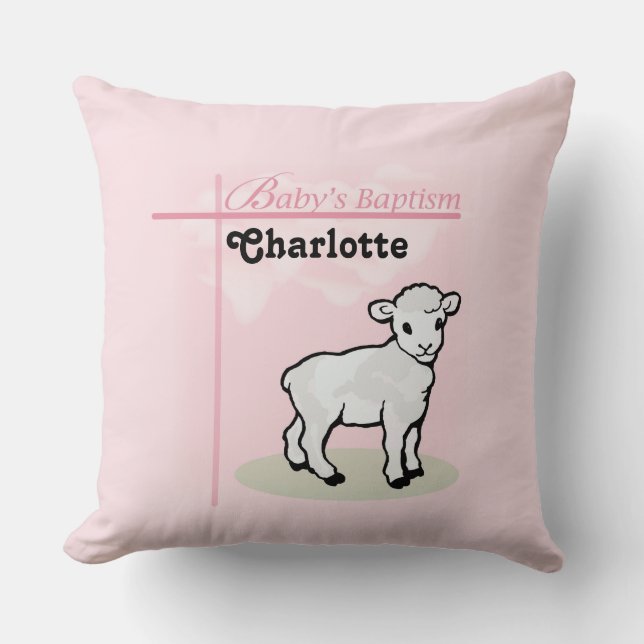 Customizable, Baptism, Pink, Girl, Lamb Throw Pillow (Front)