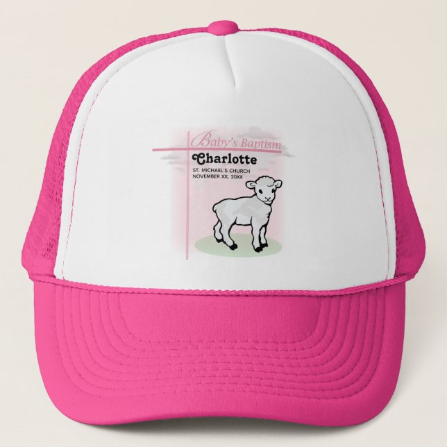 Customizable, Baptism, Pink, Girl, Lamb Trucker Hat (Front)