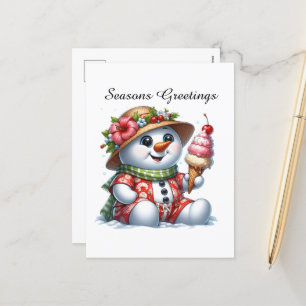 customizable beach Snowman Seasons Greetings Holiday Postcard
