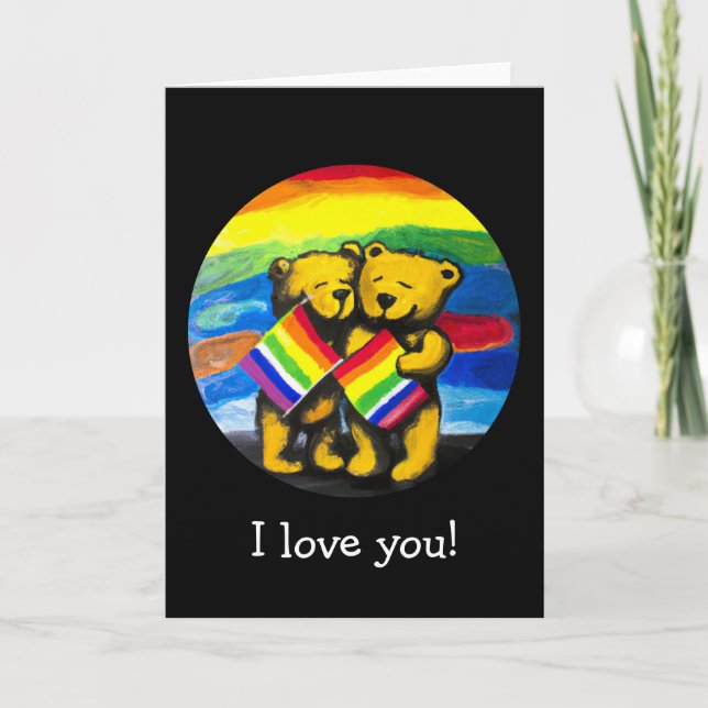 Customizable Bears Love Couple LGBT Rainbow Flag  Card (Front)