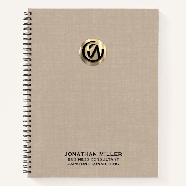  Customizable Beige Linen Notebook with Gold Logo (Front)