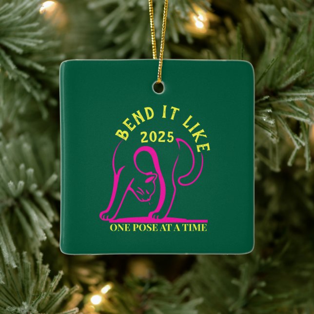 Customizable "Bend It Like 2025" Yoga Cat  Ceramic Ornament (Tree)