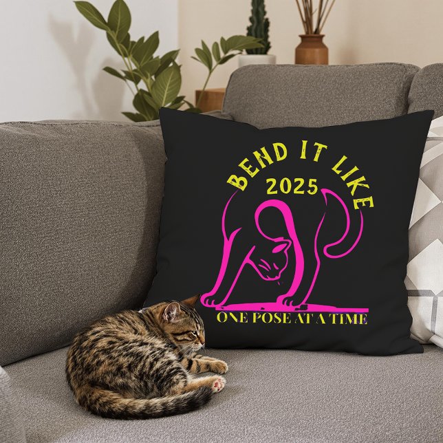 Customizable "Bend It Like 2025" Yoga Cat Throw Pillow (Creator Uploaded)