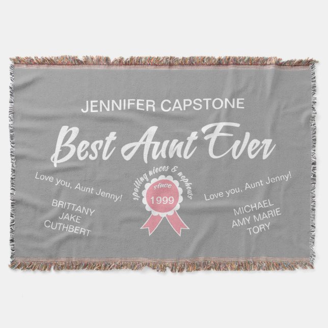 Customizable Best Aunt Ever Pink Ribbon Throw Blanket (Front)
