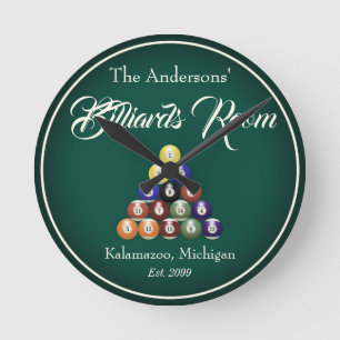Customizable Billiards Pool Table Room  Round Clock