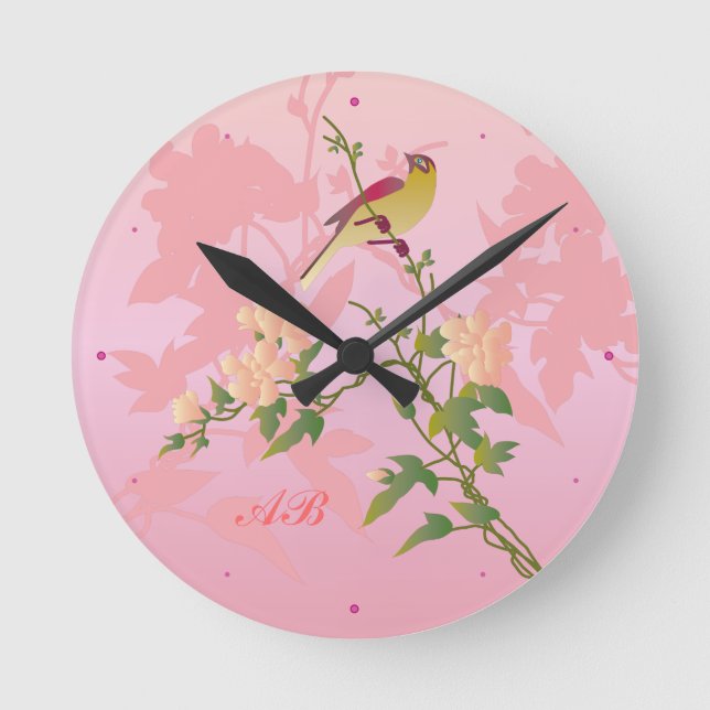 Customizable: Bird on Chinese blossom Round Clock (Front)