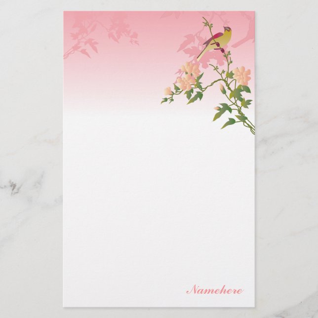 Customizable: Bird on Chinese blossom Stationery (Front)