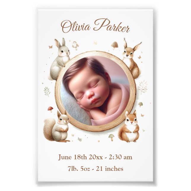 Customizable Birth Stats Photo  - Woodland Animals Print (Front)