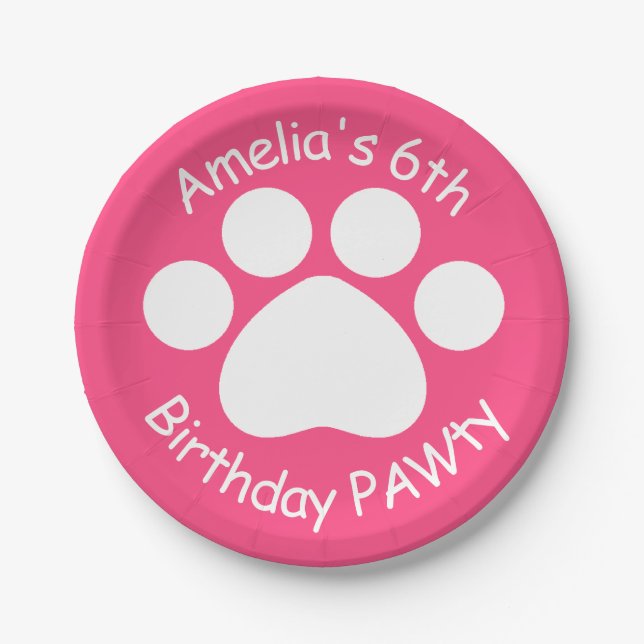 Customizable Birthday PAWty - Pink Paper Plate (Front)
