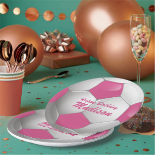 Customizable Birthday Soccer Ball Pink and White Paper Plate