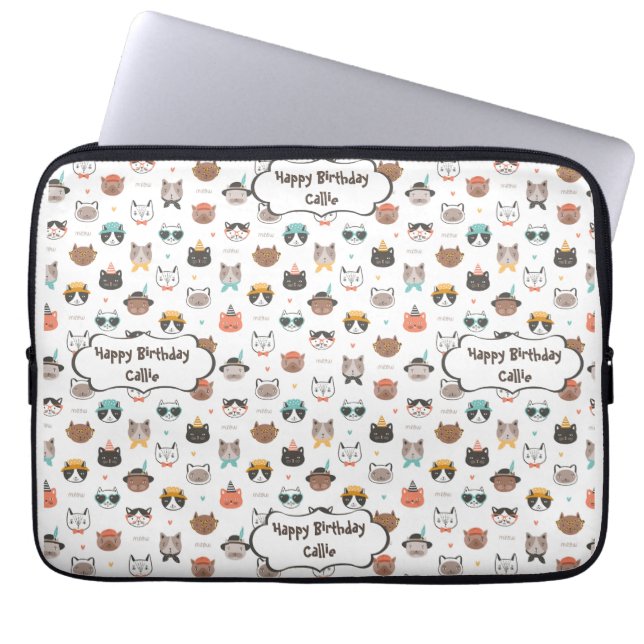 Customizable Birthday Text with a Cute Cats Laptop Sleeve (Front)
