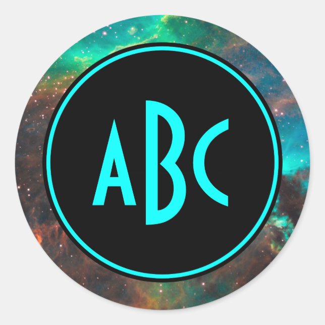 Customizable Black and Aqua Three Letter Monogram Classic Round Sticker (Front)