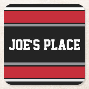 Customizable Black and Red Sports Stripes Square Paper Coaster