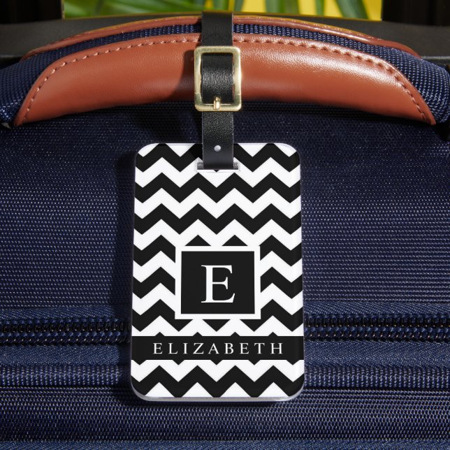 Customizable Black and White Chevron Pattern Luggage Tag (Front Insitu 2)