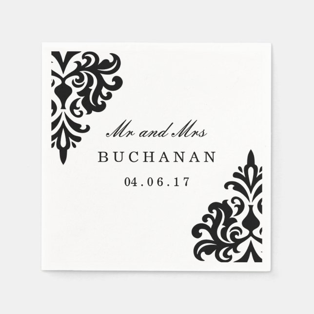 Customizable Black and White Damask Napkin (Front)