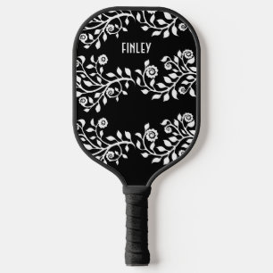 Customizable Black and White Floral Swirls Novelty Pickleball Paddle
