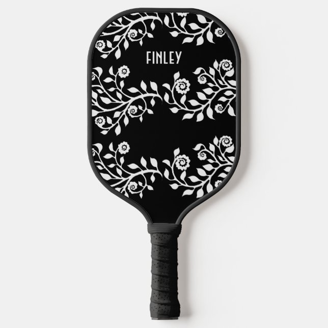 Customizable Black and White Floral Swirls Novelty Pickleball Paddle (Front)
