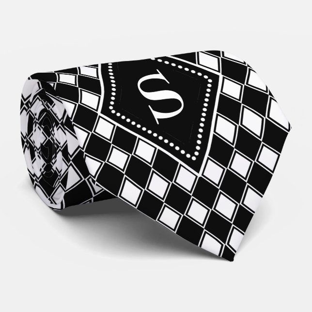 customizable black and white harlequin monogram tie (Rolled)